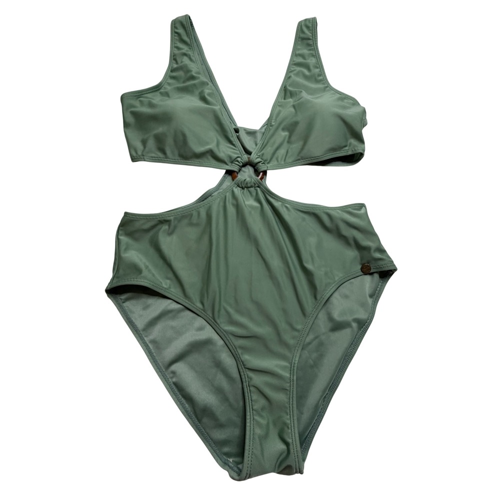Sage Green Cutout Monokini One Piece Swimsuit with Ring Detail V-Neck